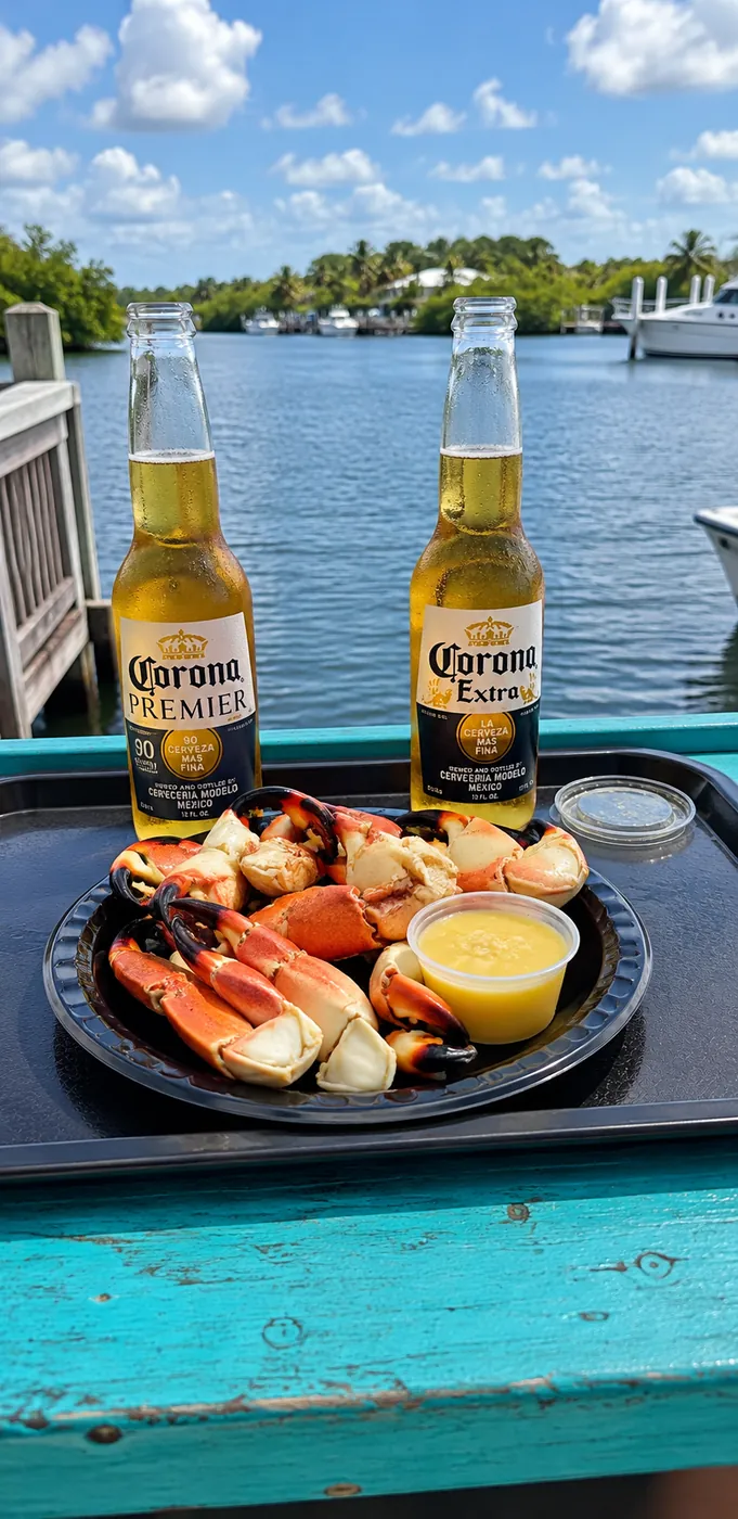 Stone crab claws with mustard sauce and two Coronas on a dockside table over the water